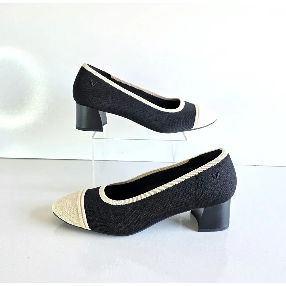 VIVAIA Julie Arch Pro Almond Toe Chunky Heels Black Ivory 40.5 9 9.5 Knit Pumps